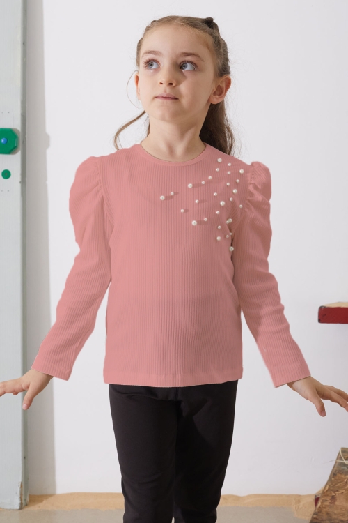 Pembe Omzu İnci Detaylı Kız Çocuk Sweatshirt 18883