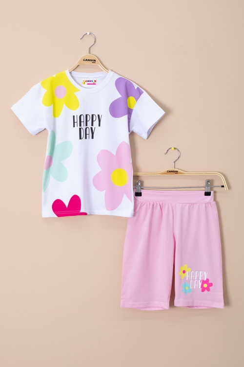 Pembe Renkli Çiçek Baskılı Tİşörtlü ve Şortlu Kız Çocuk 2li Takım 21064