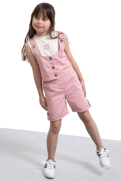 Pembe Sıfır Kol Badili Düğmeli Yelekli Kız Çocuk 3lü Şortlu Takım 21036