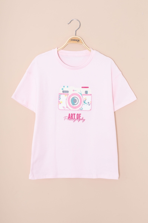 Pembe Sırtı Yazılı Fotoğraf Baskılı Kız Çocuk Bisiklet Yaka Tişört 20979