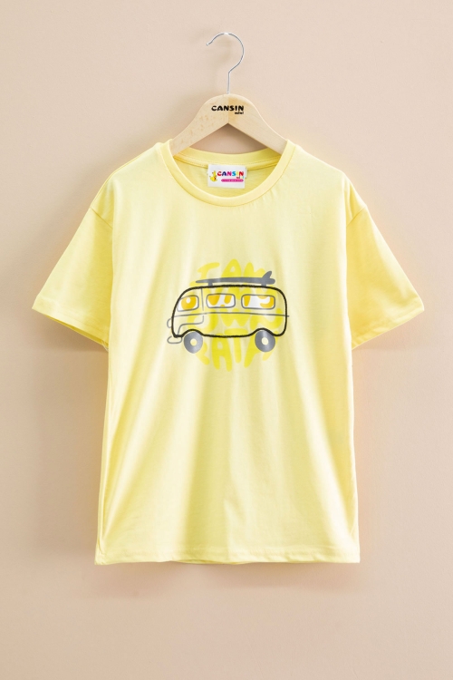 Sarı Araba Baskılı Bisiklet Yaka Erkek Çocuk Kısa Kol Tişört 20922