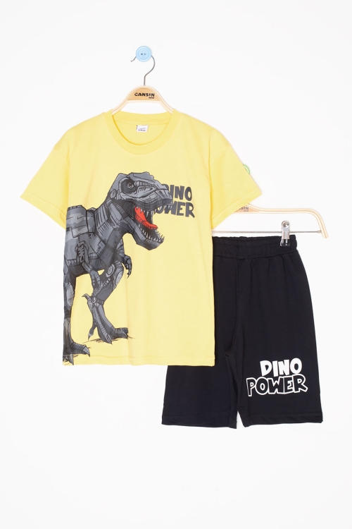 Sarı  Dino Baskılı Yazılı Erkek Çocuk Şortlu Alt Üst Takım 20635