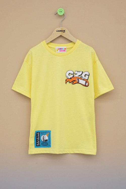 Sarı Kaykay Baskılı Yazılı Erkek Çocuk Bisiklet Yaka Tişört 20915