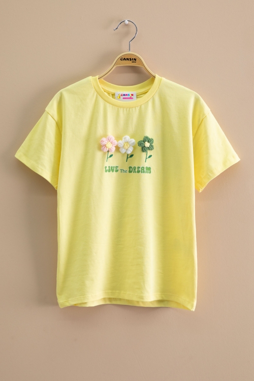 Sarı Papatya Nakışlı Bisiklet Yaka Kız Çocuk Tişört 20982