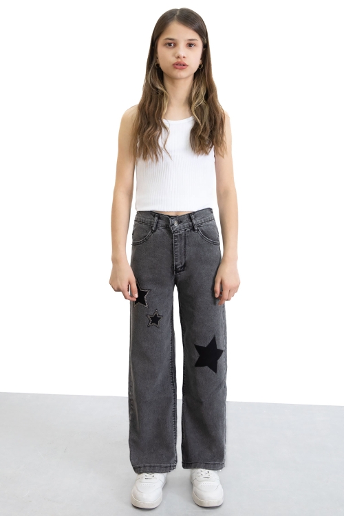 Siyah Beli Lastikli Geniş Paça Kız Çocuk Payetli Jean Pantolon 20771