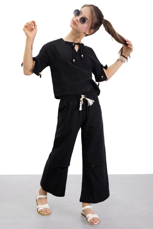 Siyah Boyundan Bağlamalı Tişörtlü Kız Çocuk Pantolonlu 2li Takım 21186