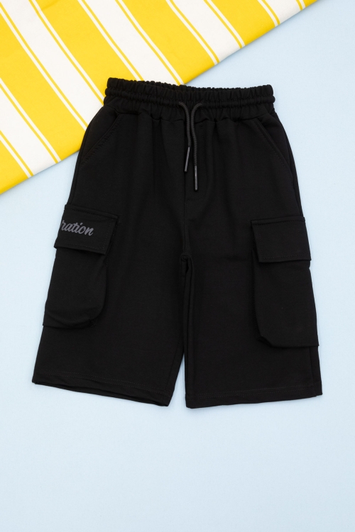 Siyah Cebi Yazı Baskılı Beli Lastikli Erkek Çocuk Şort 21160