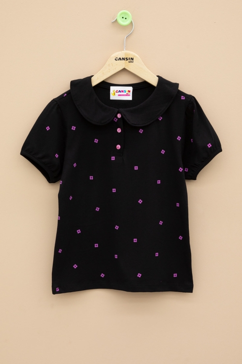 Siyah  Çiçek Desenli Düğmeli Yaka Kız Çocuk Tişört 20988