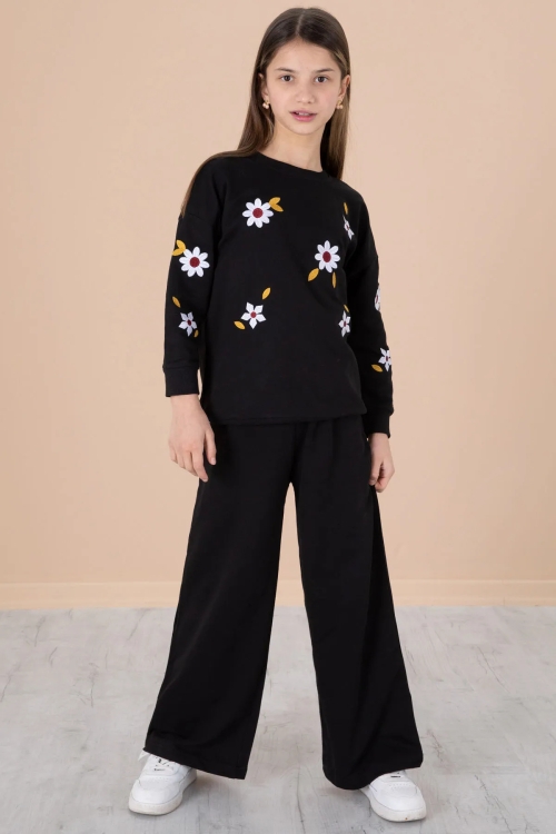 Siyah Çiçek Nakışlı Badili Geniş Paça Kız Çocuk Eşofman Takımı 20191