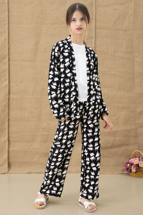 Siyah Desenli Bluzlu Geniş Paça Pantolonlu Kız Çocuk 3lü Takım 20762