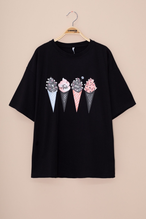 Siyah Dondurma Baskılı Taşlı Kız Çocuk Kısa Kol Oversize Tişört 20797