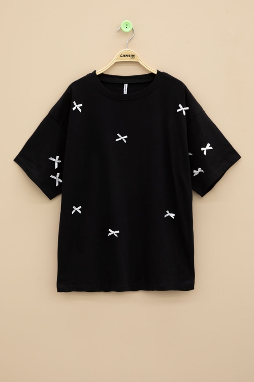 Siyah Fiyonk Nakışlı Kısa Kol Kız Çocuk Oversize Tişört 20798