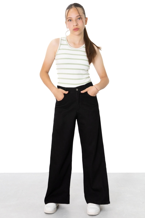 Siyah Geniş Paça Yanları Şeritli Kız Çocuk Jean Pantolon 21123