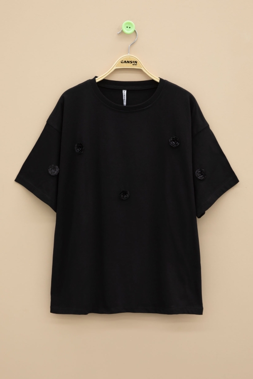 Siyah Gül Nakış Detaylı Kısa Kol Kız Çocuk Oversize Tişört 20805