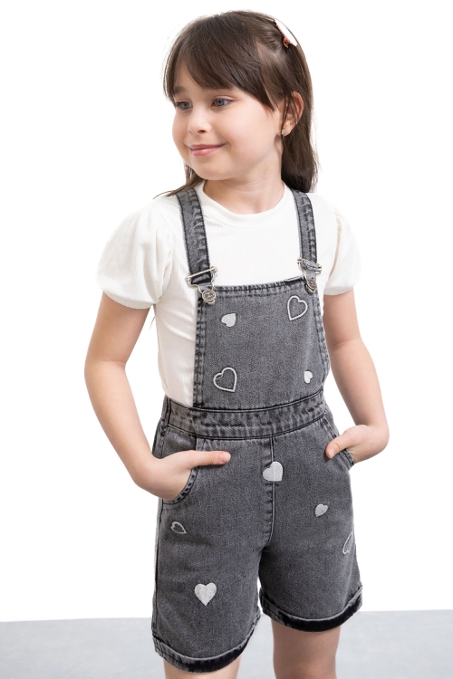 Siyah Kalp Nakışlı Şortlu Salopetli Kız Çocuk Badili 2li Takım 21019