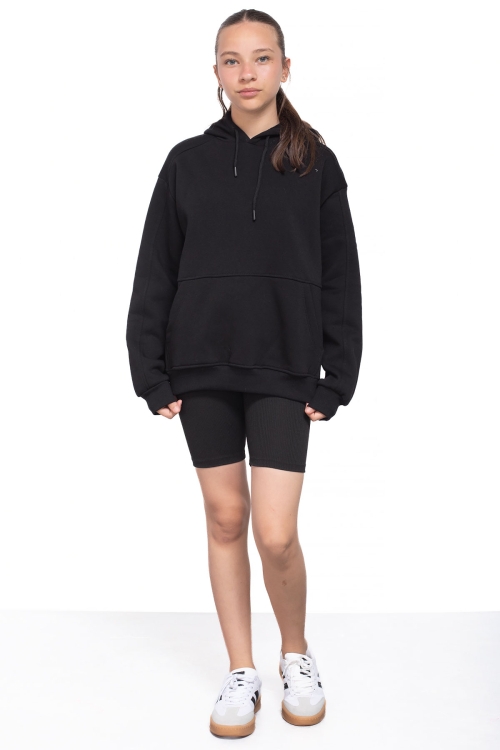 Siyah Kanguru Cepli Basic Şardonlu Kız Çocuk Kapüşonlu Sweatshirt 21207