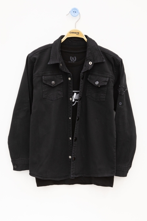 Siyah Keten Gömlekli Bisiklet Yaka Baskılı Tişörtlü Erkek Çocuk 2li Takım 20255