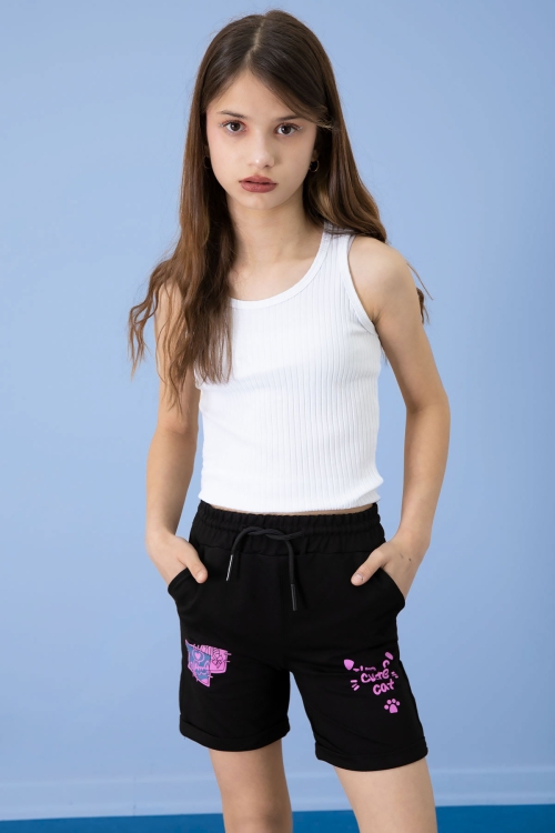 Siyah Patili Cute Baskılı Kız Çocuk Beli Lastikli Şort 20726
