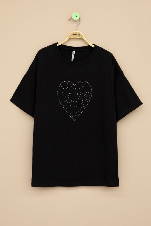 Siyah Payetli Kalp Desenli Kısa Kol Kız Çocuk Oversize Tişört 20789