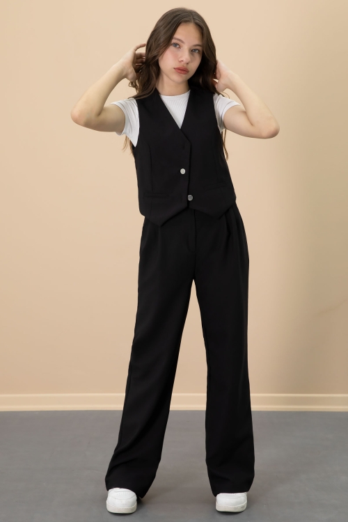 Siyah V Yaka Düğmeli Yelekli Geniş Paça Pantolonlu Kız Çocuk 2li Takım 20723