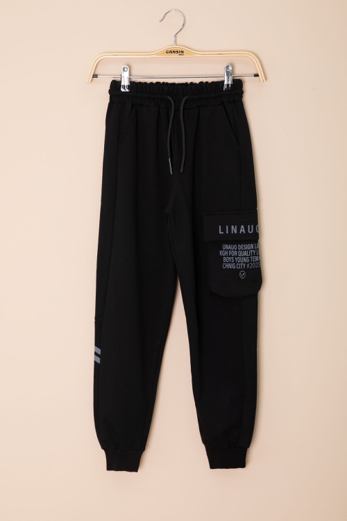 Siyah Yazı Baskılı Cepli Erkek Çocuk Beli Lastikli Eşofman Altı 20202