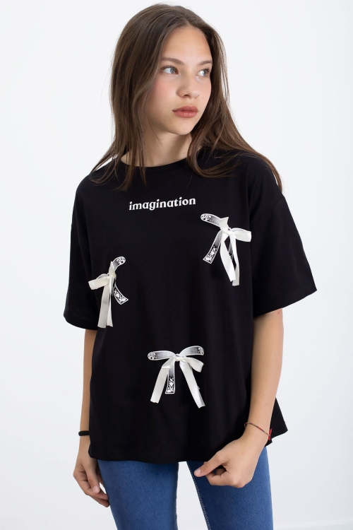 Siyah Yazı Baskılı Fiyonklu Kız Çocuk Kısa Kol Oversize Tişört 20803