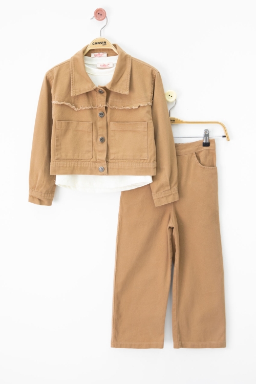 Taba Püsküllü Jean Ceketli ve Pantolonlu Kız Çocuk Badili 3lü Takım 20696