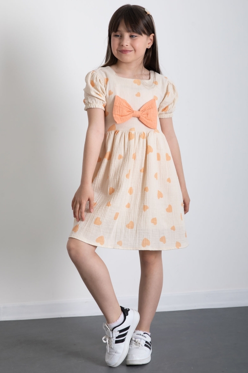 Turuncu Kalp Desenli Fiyonklu Kısa Kol Kız Çocuk Müslin Elbise 20776