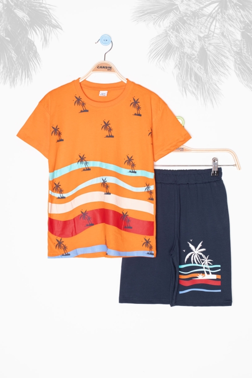 Turuncu Palmiye Desenli Bisiklet Yaka Erkek Çocuk Şortlu Takım 20624