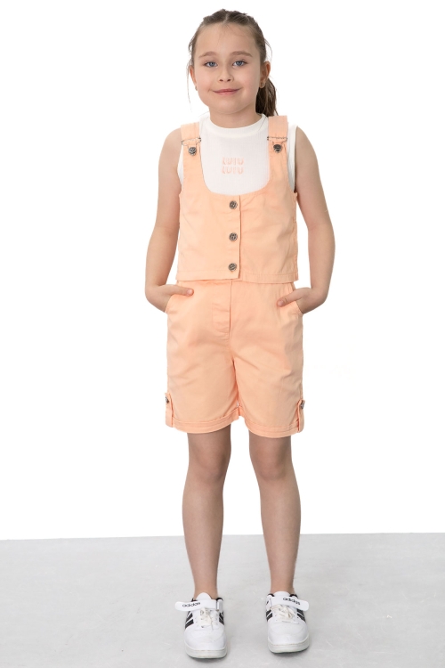 Turuncu Sıfır Kol Badili Düğmeli Yelekli Kız Çocuk 3lü Şortlu Takım 21034
