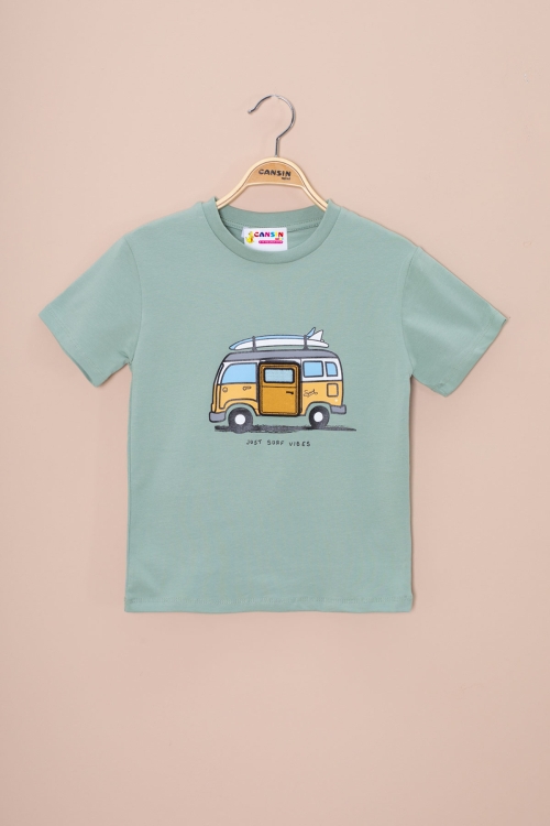 Yeşil Araba Baskılı Nakış Detaylı Erkek Çocuk Bisiklet Yaka Tişört 20958