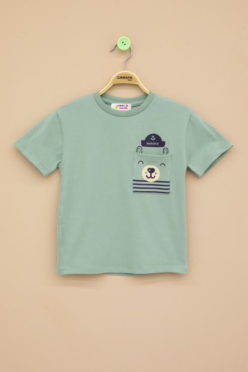 Yeşil Ayıcık Baskılı Cepli Erkek Bebek Tişört 20935