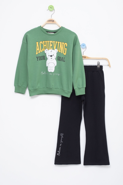 Yeşil Ayıcık Baskılı İspanyol Paça Pantolonlu Kız Çocuk Takım 18572