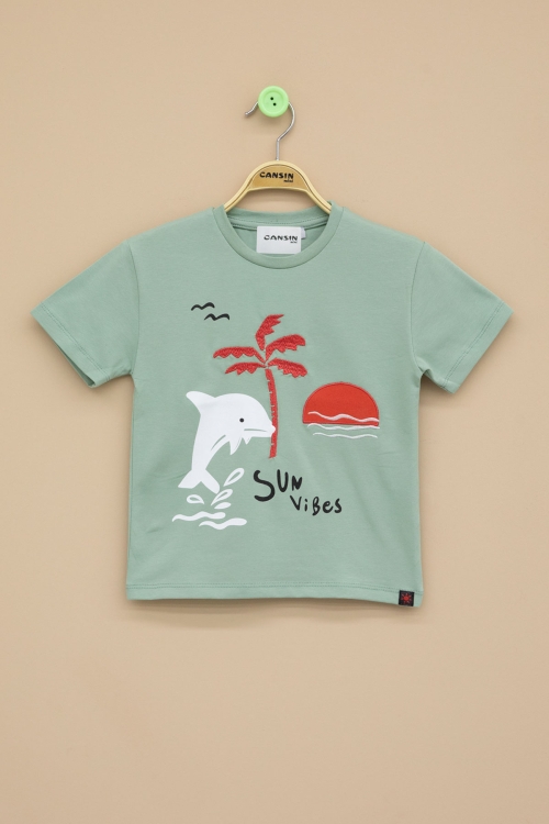 Yeşil Balık Baskılı Nakışlı Erkek Bebek Bisiklet Yaka Tişört 20944