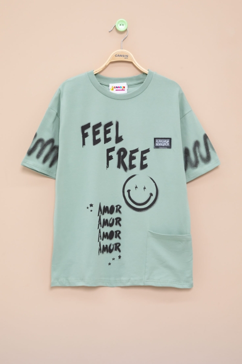 Yeşil Cep Detaylı Yazı Baskılı Erkek Çocuk Bisiklet Yaka Tişört 20905