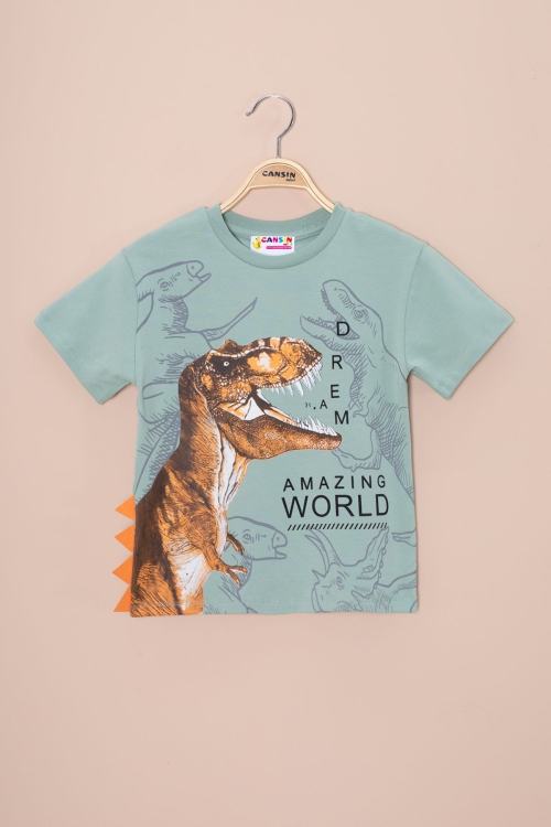 Yeşil Dinozor Baskılı Bisiklet Yaka Erkek Bebek Tişört 20949