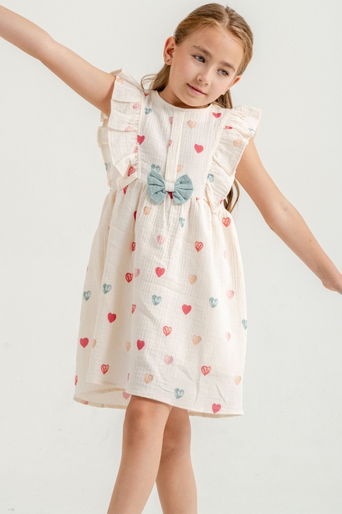 Yeşil Kalp Baskılı Fiyonk Detaylı Müslin Kız Çocuk Elbise 21081