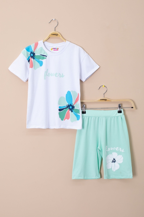 Yeşil Omzu Çiçek Baskılı Tİşörtlü Şortlu Kız Çocuk 2li Takım 21067
