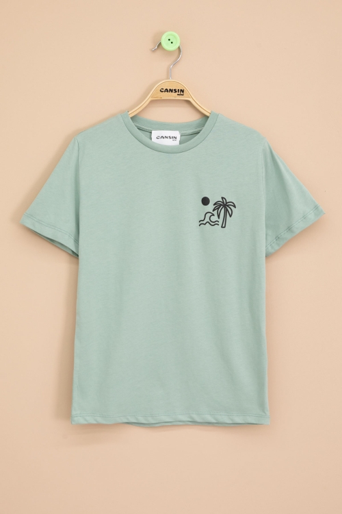 Yeşil Palmiye Baskılı Sırtı Yazılı Erkek Çocuk Kısa Kol Tişört 20929