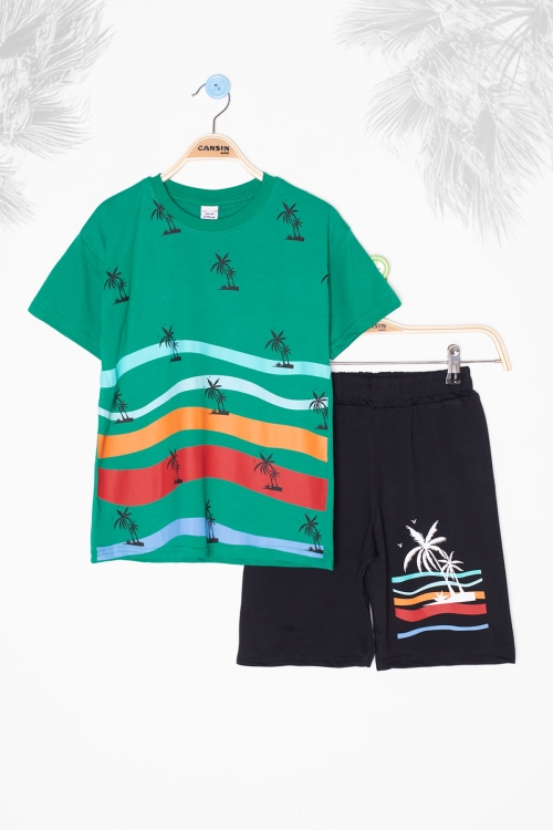 Yeşil Palmiye Desenli Bisiklet Yaka Erkek Çocuk Şortlu Takım 20629