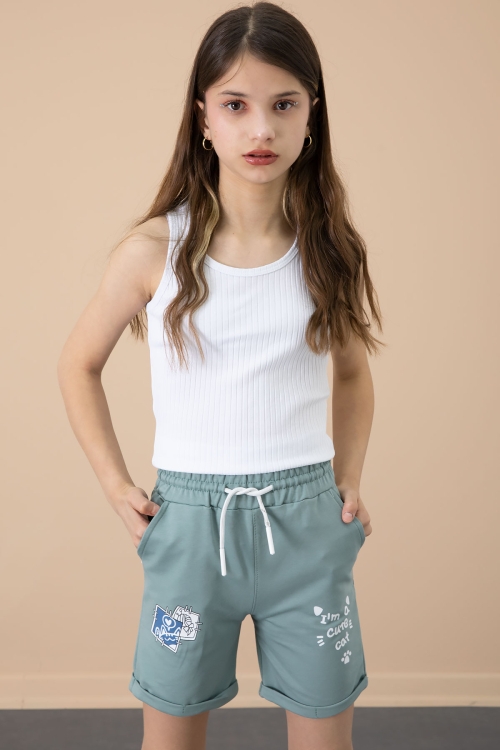 Yeşil Patili Cute Baskılı Kız Çocuk Beli Lastikli Şort 20730