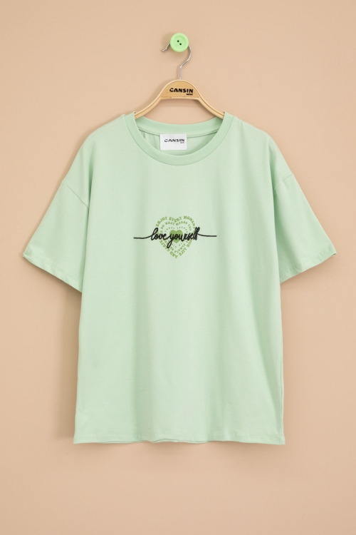 Yeşil Sırtı Kalp Baskılı Yazılı Kız Çocuk Bisiklet Yaka Tişört 20970