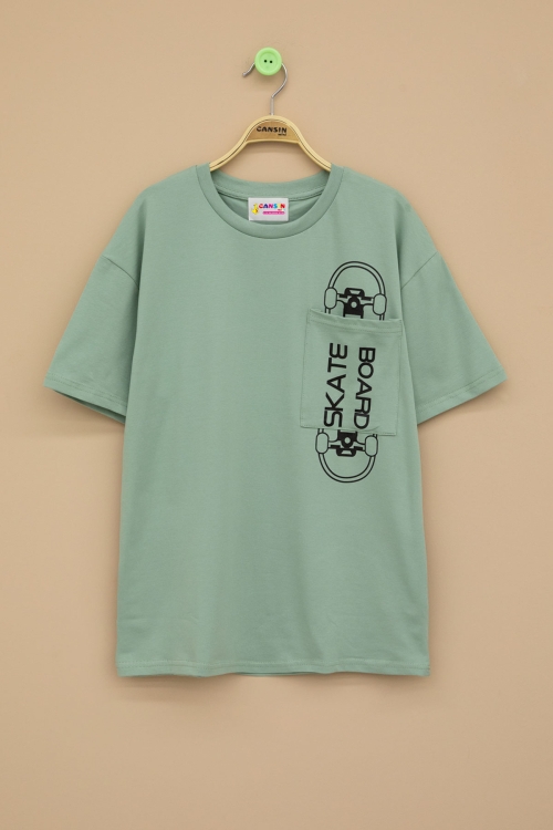 Yeşil Skateboard Baskılı Cepli Erkek Çocuk Bisiklet Yaka Tişört 20909