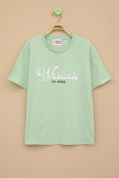 Yeşil West Side Kabartmalı Yazılı Kız Çocuk Bisiklet Yaka Tişört 20974