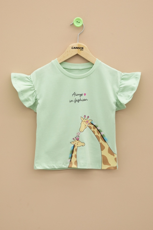 Yeşil Zürafa Baskılı Fırfırlı Kız Bebek Kısa Kol Tişört 20993