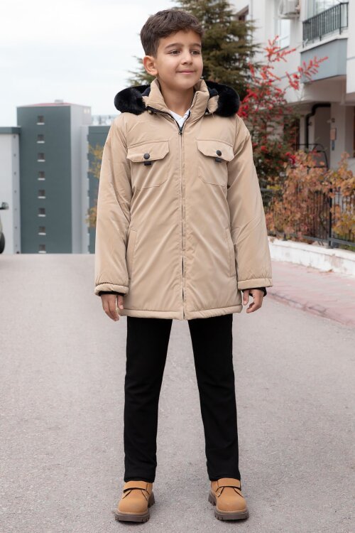 Bej Çıtçıtlı Göğüs Cepli İçi Kürklü Erkek Çocuk Kapüşonlu Mont 21352