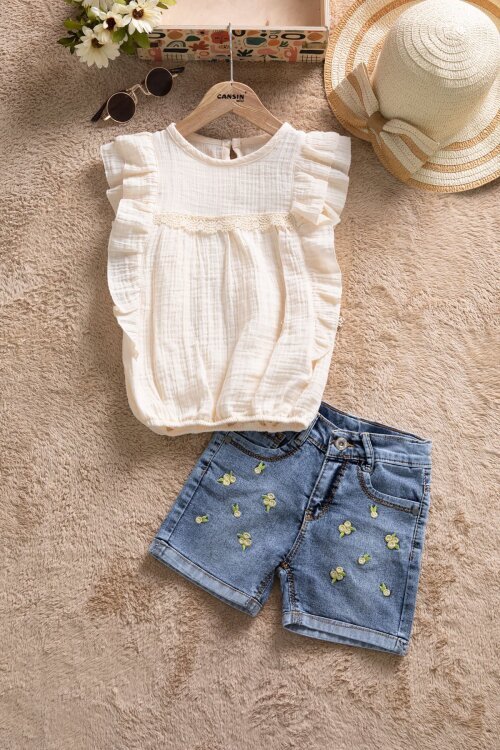 Bej Dantel Detaylı Bluzlu Jean Şortlu Kız Çocuk 2li Takım 22663