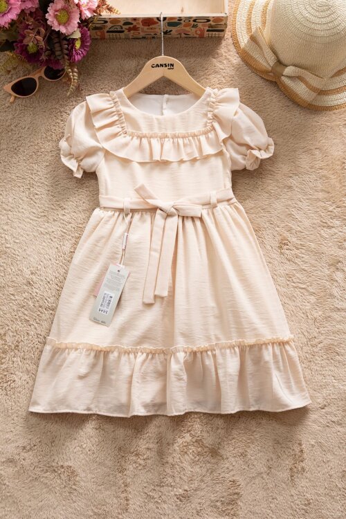 Bej Fırfır Detaylı Kısa Kol Kız Çocuk Pileli Elbise  22654