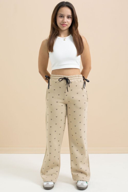 Bej Fiyonk Baskılı Geniş Paça Kız Çocuk Şardonlu Eşofman Altı 23428