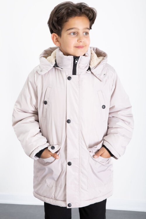 Bej İçi Kürklü Çıkarılabilir Kapüşonlu Basic Erkek Çocuk Şişme Mont 21441